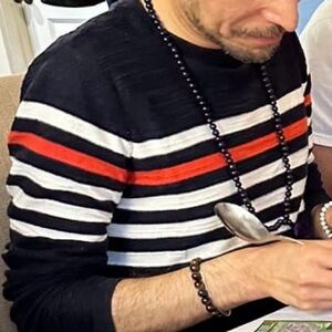 Navy Striped Crewneck Sweater with Red and White Accents. Vintage. 98s.